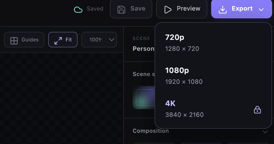 The export menu, with 720p, 1080p and 4K.